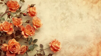 Vintage orange roses on a textured cream background