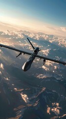 Naklejka premium A combat drone patrolling a heavily contested border, sensors scanning for potential threats