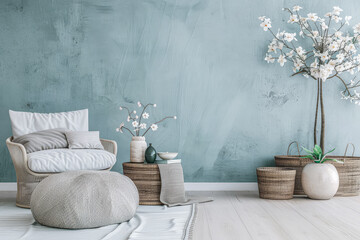 Minimalist relaxing interiors with zen arrangements and window lighting. Realty zen concept image for advertising.