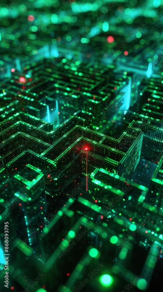 Wall mural a digital maze teeming with glowing green code, a single red virus particle navigating through the l