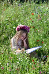 Girl, nine, summer, mirror, flowers, 
