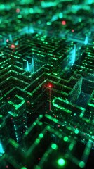 Obraz premium A digital maze teeming with glowing green code, a single red virus particle navigating through the labyrinth, photorealistic