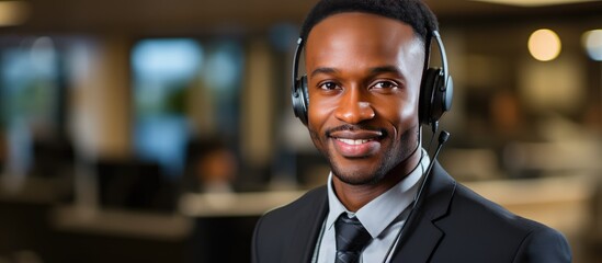 Friendly call center agent using his communication skills with headset, providing customer service remotely