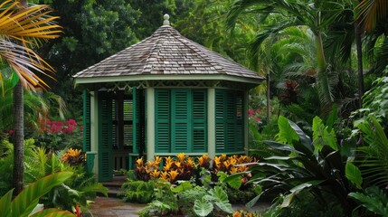 botanical garden pavilion with green Bahama shutters, nestled among exotic plants and flowers