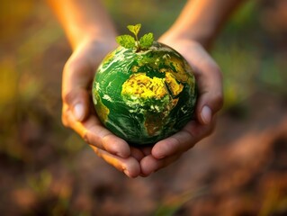Closeup of hands holding a green planet, warm tones, detailed and vibrant.