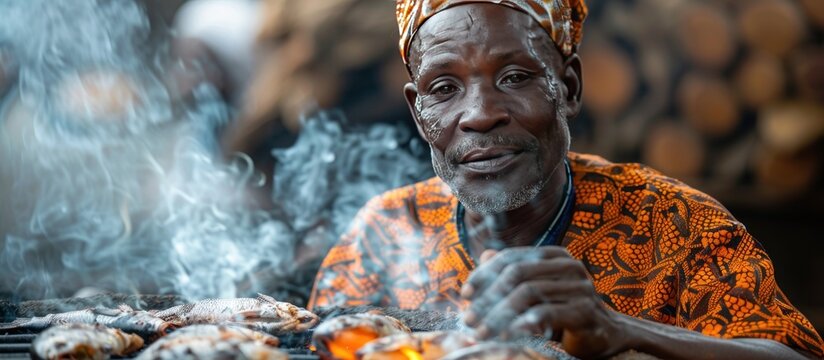 TANJI, THE GAMBIA - FEBRUARY 6, 2022 lighting traditional smokehouses for smoking fresh caught bonga fish (Ethmolosa fimbriata) in The Gambia 