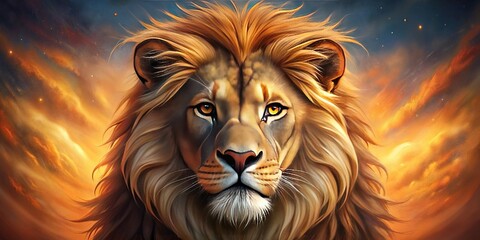 Fototapeta premium Majestic lion head illustration with detailed fur texture, whiskers, and piercing eyes, set against a bold, warm-colored background with subtle gradient effects.