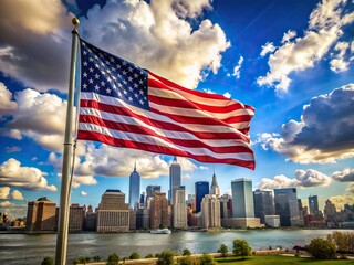 Naklejka premium A majestic American flag waving proudly in the gentle breeze against a bright blue sky with fluffy white clouds above the iconic New York City skyline.