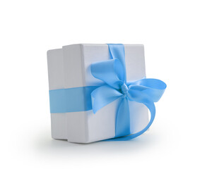 White gift box with blue ribbon bow isolated on white background