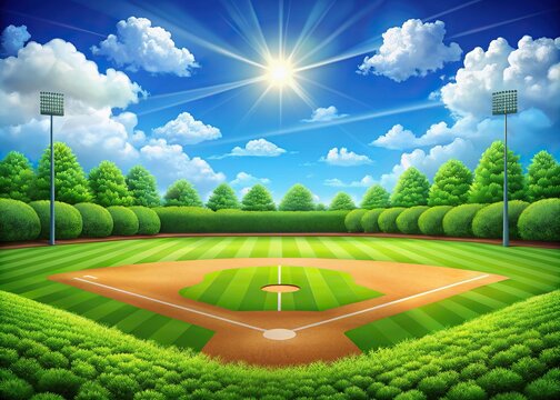 Vibrant green baseball field illustration with precise white lines, stylized bushes, and a bright blue sky with puffy white clouds, evoking a sense of summertime nostalgia.