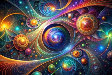 Vibrant colorful abstract geometric shapes in a mesmerizing digital artwork with swirling patterns, curves, and lines emerging from a futuristic cosmic background.