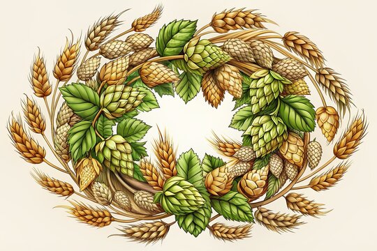 Whimsical vintage illustration of hop cones, barley grains, and wheat stalks intertwined in ornate circular design, evoking classic brewery and cafe menu aesthetics.