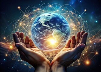 Abstract palm hands cradle a glowing earth surrounded by swirling networks of light, representing innovation and interconnectedness in science and global communication.