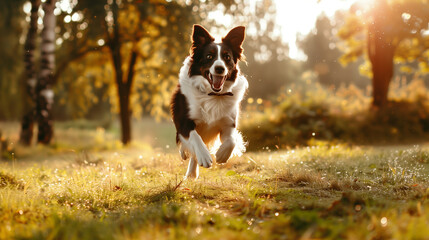 Full body shot of a Border Collie, happily running in the soft sunlight.
