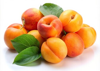 Vibrant orange ripe apricot fruits with subtle wrinkles and delicate green leaves isolated on a pure white background, showcasing natural beauty and freshness.