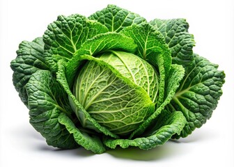 Obraz premium Fresh green cabbage vegetable with crisp leaves and compact round shape isolated on pure white background, highlighting its vibrant natural color and texture.