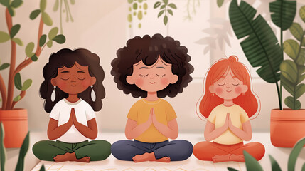 Illustration of three children meditating together with plants in the background, promoting peace and mindfulness.