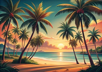 Obraz premium Serene vector postcard depicts a tranquil tropical beach resort with swaying palm trees, bold classic typography, and a warm retro color palette evoking relaxation.