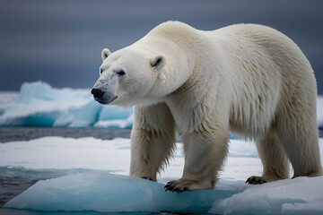 A close up of a polar bear with melting ice as an awareness of climate changes