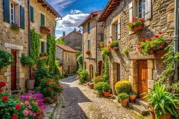 Fototapeta premium Narrow cobblestone street lined with ancient stone houses and overflowing flower boxes winds upward through the charming village of Labastide de Virac.