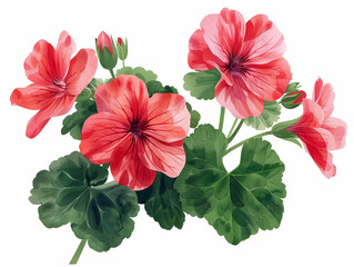 Obraz premium A cluster of vibrant pink geranium flowers with green leaves, isolated on a white background.