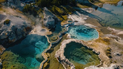 Fototapeta premium Aerial view of a geothermal landscape, colorful hot springs, steaming geysers, and rugged rock formations