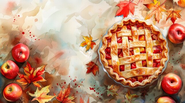 A watercolor painting of an apple pie with red apples and autumn leaves.