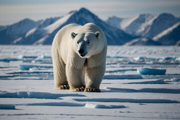 A close up of a polar bear with melting ice as an awareness of climate changes
