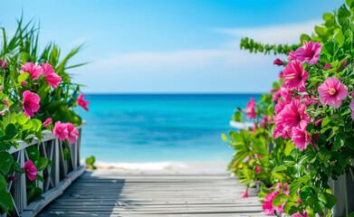 Hibiscus blooming on the wooden antique boardwalk to the ocean generated by AI