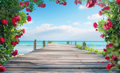 the wooden antique boardwalk, red roses blooming, generated by AI