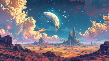 Fototapeta premium A surreal, otherworldly landscape with towering rock formations, a glowing moon, and a vibrant sky filled with stars.