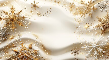 Elegant white and gold snowflake background with copy space. Perfect for winter holidays, Christmas, and New Year's celebrations.