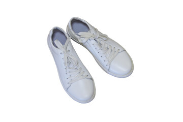 white sneakers top view isolated, a pair of leather sneakers on a white background