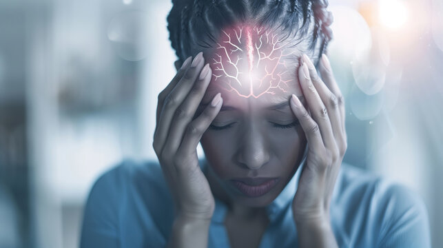 Stressed woman with hands on head and brain illustration, concept of mental health and headache.