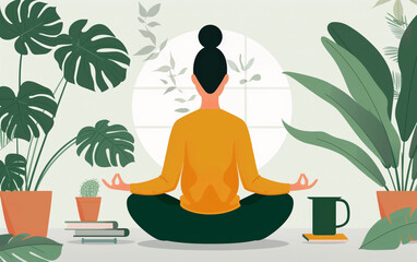 Woman practicing meditation surrounded by lush indoor plants, creating a serene and peaceful environment for relaxation and mindfulness.