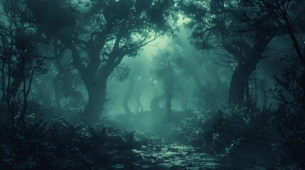 Fototapeta premium Mysterious and eerie forest scene with thick fog and tall trees. Perfect for fantasy, horror, or suspense themes.