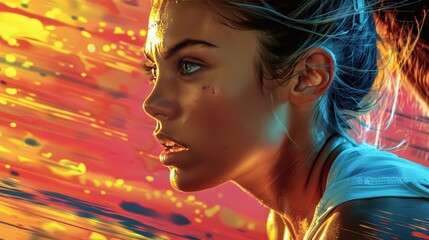 A woman's face, with determined expression, is the focus of this abstract, colorful painting.