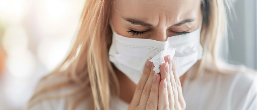 Woman wearing a face mask, covering her mouth and nose with hands, possibly sneezing or coughing. Indoor setting with focus on health precautions. - Powered by Adobe