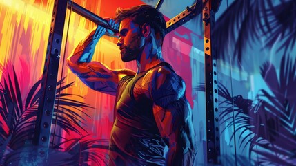 A muscular man leans against a pull-up bar, bathed in vibrant light, surrounded by tropical foliage.