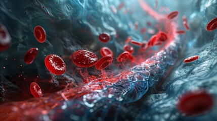 Fototapeta premium A microscopic view of red blood cells flowing through a blood vessel.