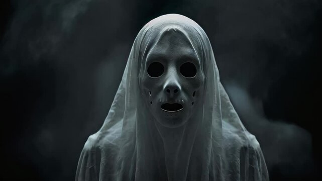 A menacing skeleton with a white skull mask and black eye sockets stands amidst a swirling fog. The figure is draped in a tattered, translucent white veil