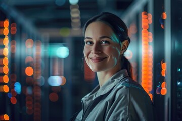 Portrait of smiling female technician in server room