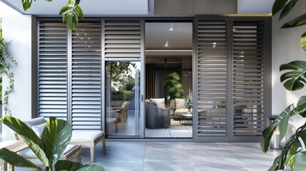 city terrace with modern gray Bahama shutters, enhancing the urban outdoor living space