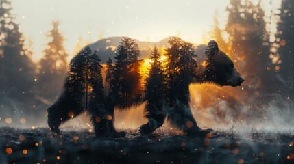 Silhouette of a bear with forest double exposure at sunrise, wildlife and nature concept