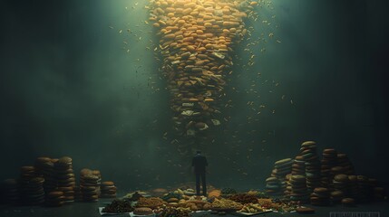 Expressionism of a man suffering from Pica syndrome, devouring food with a stockpile of food around. Up32K HD.