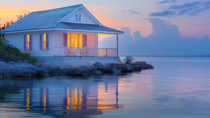 Fototapeta premium coastal cottage with pale lavender Bahama shutters, reflecting the colors of the sea at dusk