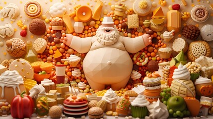 Up32K HD Low Poly Art depicting a man with Pica syndrome consuming non-food items, amidst a hoard of food, highlighting the bizarre and chaotic aspects of the disorder in stunning clarity.