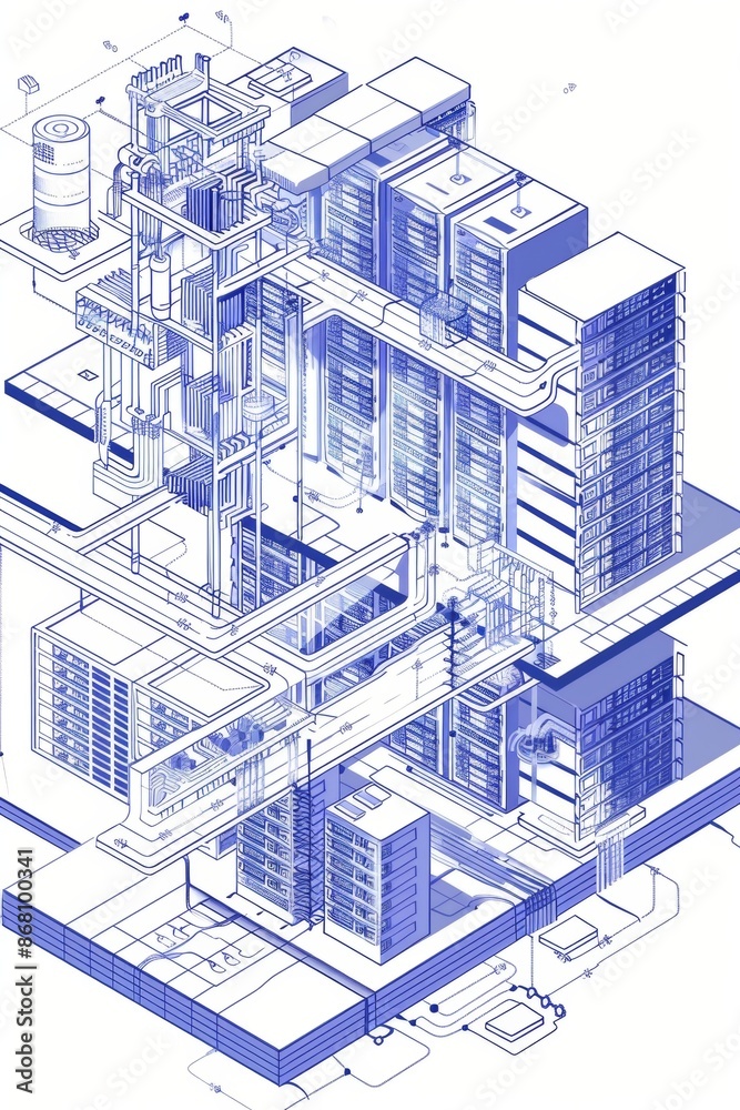 Poster isometric blueprint of a data center, showcasing multiple floors, server racks, and network pathways