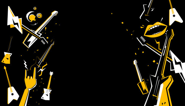 Party music decorations with rock and roll instruments on black background design template for a music festival banner or concert poster.