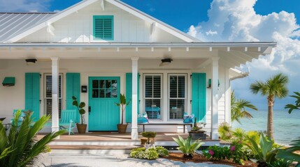 coastal retreat with teal Bahama shutters, blending with the sea and sky